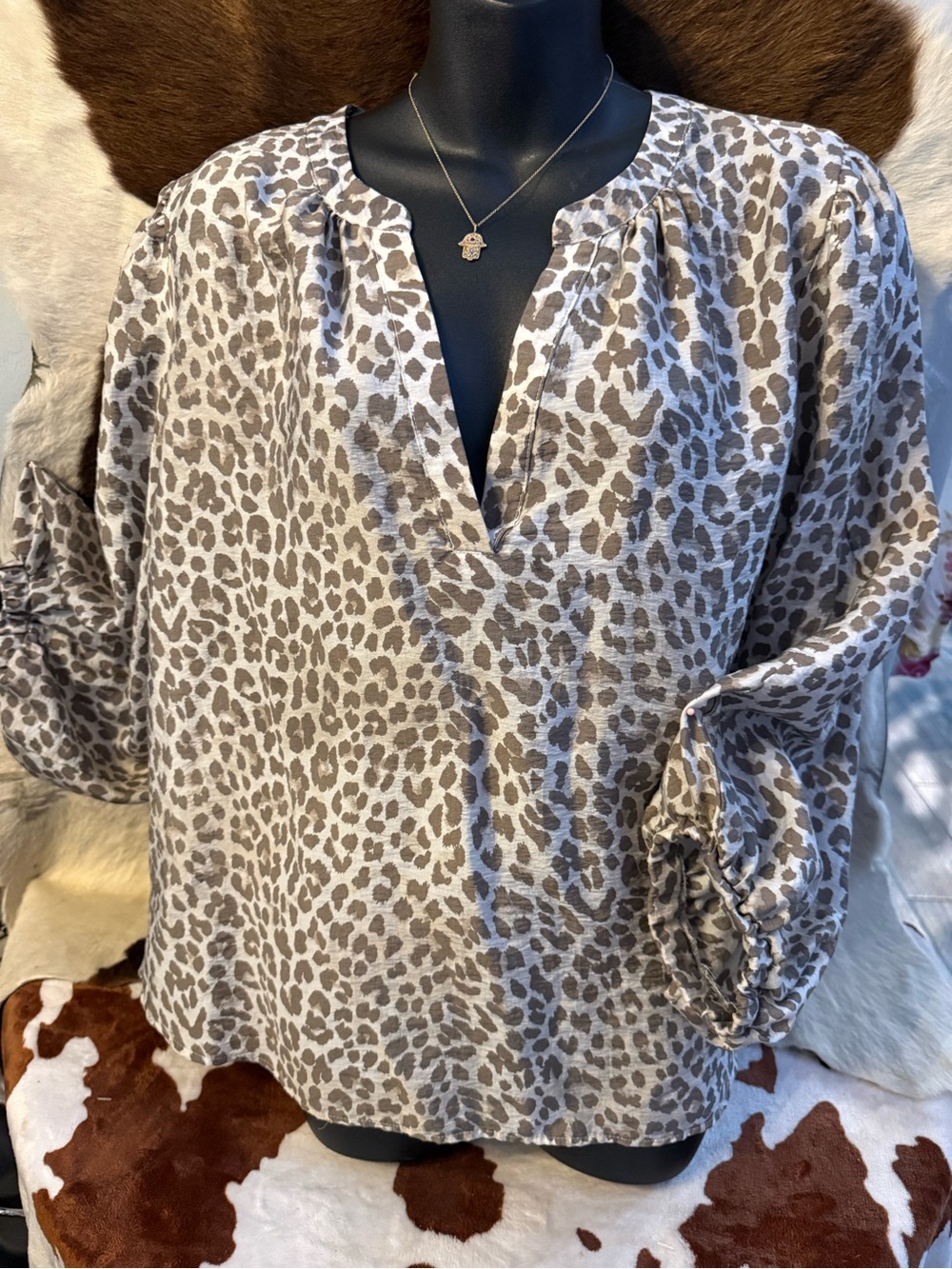 a.n.a Beige and Taupe Leopard Print Peasant Tunic